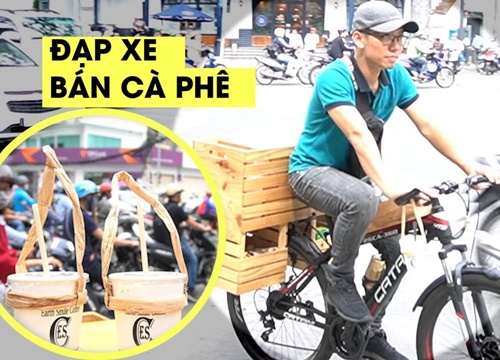 Trai đẹp bỏ việc văn phòng, đạp xe đi bán cà phê ly giấy, ống hút gạo và quai lục bình