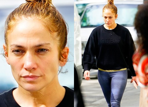 Jennifer Lopez lộ bọng dưới mắt, da nhăn khi để mặt mộc