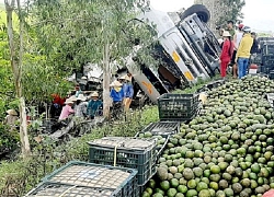 Hàng tấn trái cây đổ xuống đường, người dân giúp tài xế thu nhặt