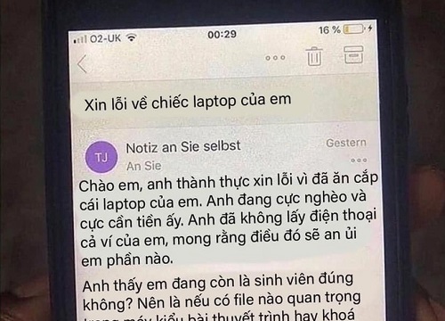 Góc khó hiểu: Vừa trộm được laptop, biết của sinh viên tên trộm áy náy gửi mail xin lỗi cùng yêu cầu khiến người mất chẳng biết nên khóc hay cười