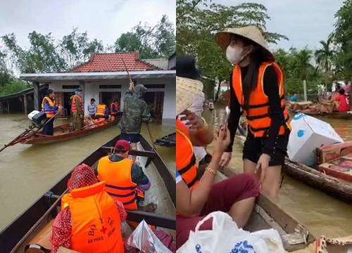 Xúc động - Hình ảnh Thủy Tiên lội nước bì bõm, khiêng hàng cứu trợ để khỏi lật thuyền