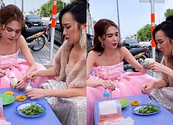 Ngọc Trinh - Diệu Nhi ăn diện lộng lẫy đi ăn hột vịt lộn lề đường