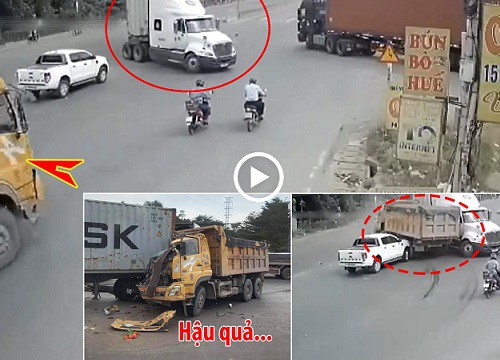 CLIP: Khoảnh khắc bẻ lái căng, xe ben vẫn lọt trúng "khe hiểm", bẹp đầu