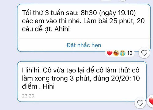 Cô giáo thông báo lịch thi online vào buổi tối, tiện tay gửi kèm 1 dòng tin nhắn làm tụi học trò tức anh ách