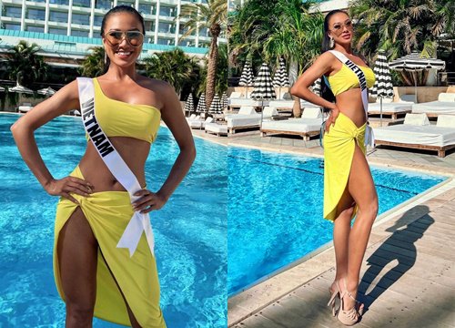 Kim Duyên đẹp hút mắt với bikini vàng rực bên hồ bơi tại Miss Universe 2021