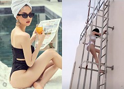 Ngọc Trinh diện bikini leo cầu thang lên sân thượng để chụp ảnh