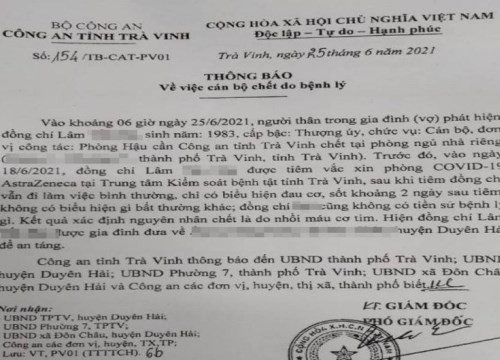 Công an Trà Vinh thông tin trường hợp thượng úy tử vong tại nhà riêng