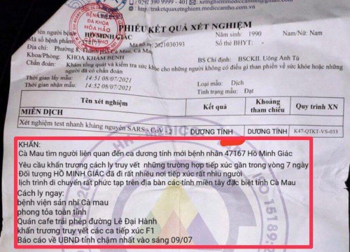 Cà Mau: Phiếu xét nghiệm Covid-19 giả ghi phong tỏa toàn tỉnh do 'nạn nhân' truyền đi