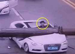 Clip: Cần trục rơi xuống đường đè nát Audi, tài xế thoát chết khó tin