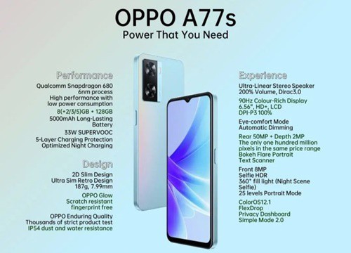 Rò rỉ thông số kỹ thuật đầy đủ của OPPO A77s với thiết kế cực bắt mắt