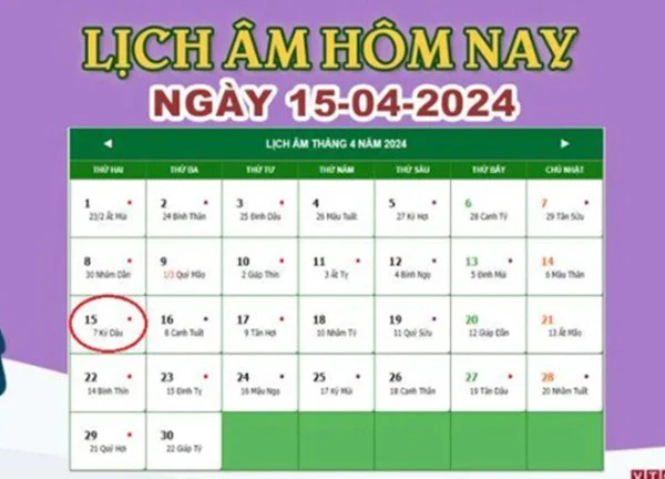 Lịch âm 15/4 - Âm lịch hôm nay 15/4 chính xác nhất - lịch vạn niên 15/4/2024