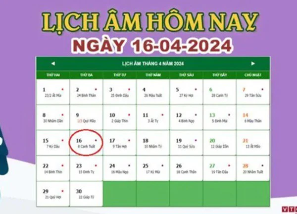 Lịch âm 16/4 - Âm lịch hôm nay 16/4 chính xác nhất - lịch vạn niên 16/4/2024