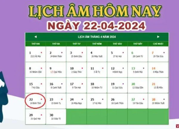 Lịch âm 22/4 - Âm lịch hôm nay 22/4 chính xác nhất - lịch vạn niên 22/4/2024