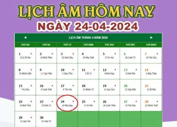 Lịch âm 24/4 - Âm lịch hôm nay 24/4 chính xác nhất - lịch vạn niên 24/4/2024