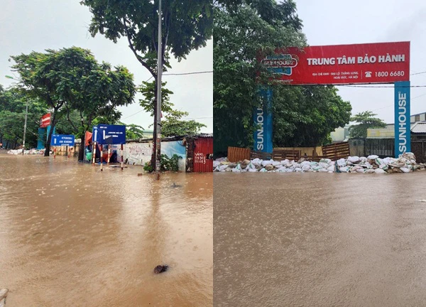 Đại lộ Thăng Long ngập sâu, giao thông ùn tắc nghiêm trọng