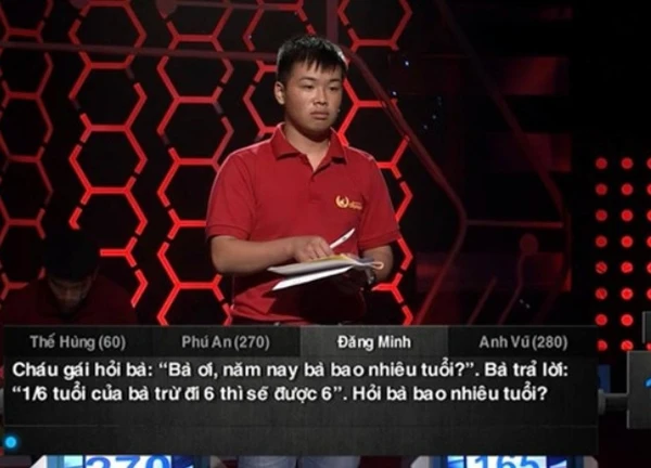 Bài toán Olympia sử dụng kiến thức tiểu học nhưng lắt léo, đọc xong sang chấn: "1/6 tuổi bà trừ 6 thì sẽ được 6. Hỏi bà bao nhiêu tuổi?"