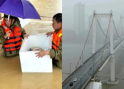 Em bé nằm ngoan trong thùng xốp khi được sơ tán khỏi vùng lũ Đà Nẵng