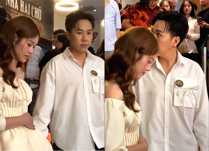 Vợ Anh Đức liên tục xoa bụng trên thảm đỏ, dân mạng nghi mang thai con đầu lòng