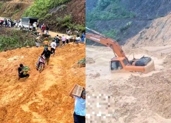 Bùn đất từ đồi bất ngờ đổ ập xuống vùi máy múc, tài xế thoát nạn