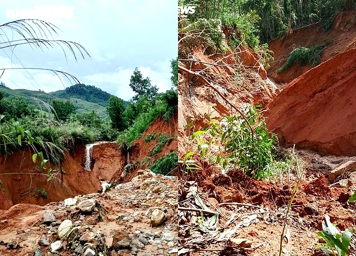 Cận cảnh đường đứt gãy tạo hố sâu 35m, cả thôn ở Quảng Ngãi bị chia cắt