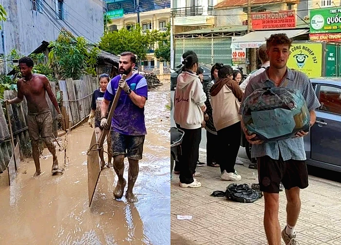 Khách Tây "hòa tan" khi cứu trợ miền Trung, dùng Google dịch nhắn gửi đến bà con bản địa