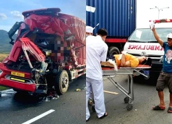 Đầu ô tô bẹp dúm sau tai nạn, huy động xe cẩu cứu tài xế mắc kẹt trong cabin