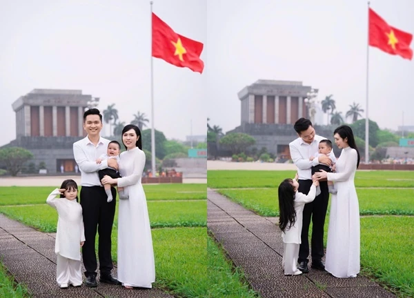 MC Hạnh Phúc và gia đình chụp ảnh kỷ niệm tại Quảng trường Ba Đình