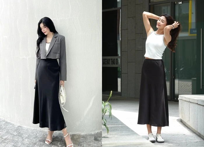 Chân váy satin đen thập niên 90, biểu tượng tối giản cho mùa hè 2025