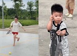 Chu Thanh Huyền đá tung dép để chơi pickleball cực sung cùng Quang Hải, cậu quý tử Lido ôm vợt chạy quanh gây bão MXH!