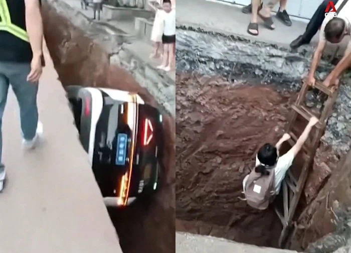 Taxi tự lái rơi xuống hố sâu 3m khi đang chạy, cô gái hoảng loạn thoát thân