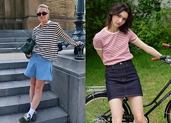 Phong cách Paris sang trọng với chân váy denim mini và áo thun kẻ sọc