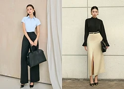 Làm mới tủ đồ công sở với quần ống rộng, váy dài và giày cao gót