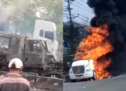 Xe container cháy ngùn ngụt trên quốc lộ qua Đồng Nai