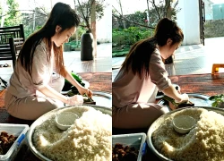 Võ Nhật Linh đảm đang gói bánh chưng, gửi trọn yêu thương cho Phan Văn Đức khi phải thi đấu xa nhà ngày Tết