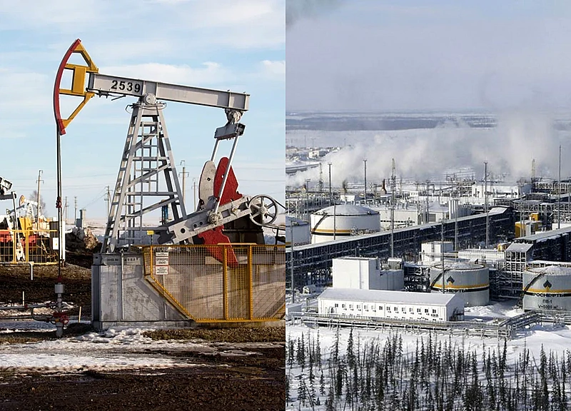 Các giàn bơm dầu tại một mỏ dầu gần Almetyevsk, Tatarstan, Nga