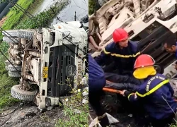 Giải cứu tài xế xe trộn bê tông bị lật úp xuống ao ở Bắc Ninh