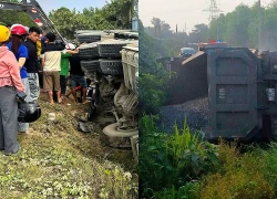 Vệt phanh 50m tại hiện trường vụ xe đầu kéo lật đè ô tô con làm tài xế tử vong