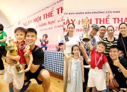 Duy Mạnh tự hào khoe cậu quý tử vô địch môn bóng rổ, cả nhà đến ăn mừng, nhan sắc tiểu thư Quỳnh Anh gây chú ý
