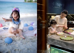 Phương Oanh khoe cận gương mặt của ái nữ, mắt to tròn bầu bĩnh giống hệt mẹ, mới 2 tuổi đã thích vào nấu nướng cùng mẹ