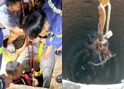 Cảnh sát đu dây xuống giếng sâu 30m để cứu người mắc kẹt