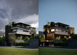 Thiết kế sân vườn villa thú vị với cổng vòm và cây xanh lơ lửng