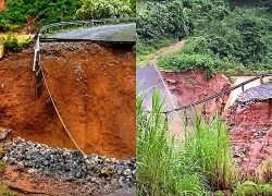 Cảnh tượng khó tin: Lũ cuốn đứt ngang quốc lộ, dải hộ lan treo lơ lửng