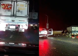 Ô tô con va chạm với xe tải trên cầu Thăng Long