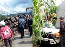 Hai mẹ con tử vong trong vụ ô tô tải lật đè xe con ở Lâm Đồng